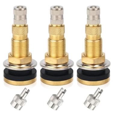 Imagem de NQEUEPN 3 peças de hastes de válvula de trator líquido de ar sem câmara para TR618A, hastes de válvula de pneu sem câmara de trator com 3 peças de tampas de desmontagem de núcleo de válvula de latão