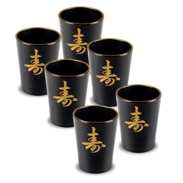 Imagem de Jogo De Copos Saquê 6 peças Com Ideograma Japonês Preto - AC