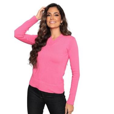 Imagem de Blusa Tricot Feminina Sueter Gola V Manga Longa - AG Acessórios, Rosa 