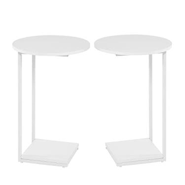 Imagem de HDANI Conjunto de 2 mesas de canto em forma de C, mesa lateral de sofá que desliza para baixo, mesa de canto de mesa C para sala de estar, quarto, escritório (branco)