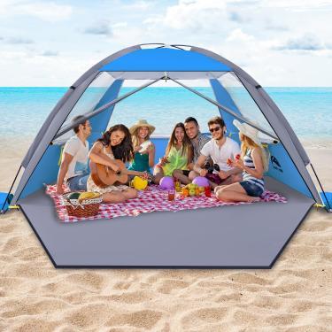 Imagem de HAPPY TRAVEL Tenda de Praia, Proteção Uv Upf 50+, Abrigo para 3/4/5/6/7/8 Pessoas, Toldo de Praia Portátil para Família E Bebê, Cabana de Praia Leve E Fácil de Montar com 3 Janelas de Malha de Ventila