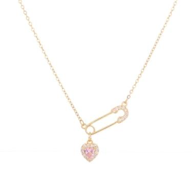 Imagem de IQIC Colar de alfinete de segurança feminino com pingente de coração de cristal dourado colar de cruz de zircônia cúbica colar de clipe de papel colar de pedras preciosas rosa joias modernas, Uniform