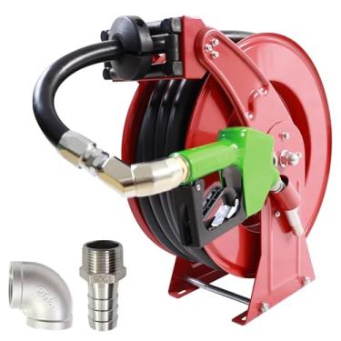Imagem de BORRITT Carretel de mangueira de combustível de 3/10.2 cm, carretel de mangueira diesel acionado por mola catraca retrátil, giro de mangueira de combustível 360, bocal de combustível automático, tubo