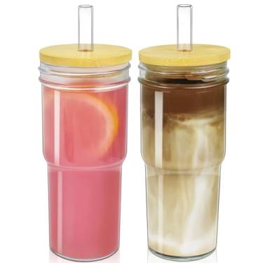Imagem de Artcome Conjunto de 2 copos de vidro de 680 g com tampas de bambu, canudos de vidro de furo grande - frascos de vidro de boca larga - copo para beber, copo de café gelado, copo de smoothie, caneca de