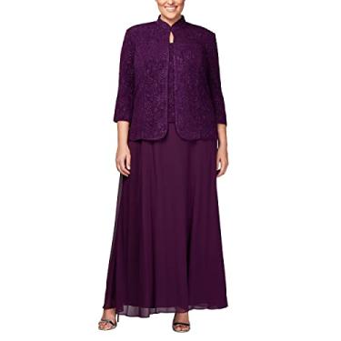Imagem de Alex Evenings Vestido longo feminino com gola mandarim (Regular Petite Plus), Berinjela Plus, 50