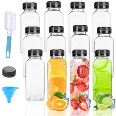 Imagem de LOVLLE Garrafas de suco de plástico de 350 ml com tampas, 12 peças, recipientes reutilizáveis transparentes, garrafas de plástico para smoothie, com tampa preta, ideais para suco de leite e bebidas