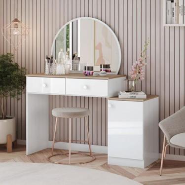 Imagem de Penteadeira com Espelho Circular 2 Gavetas e Porta Agnes - Henn, Branc