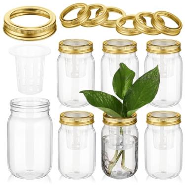 Imagem de Hushee 6 pacotes de vasos de propagação para plantas, centros de mesa de plástico, vasos de vidro transparentes com tampa de orifício e cestos hidropônicos, plantas crescendo em água para decoração de