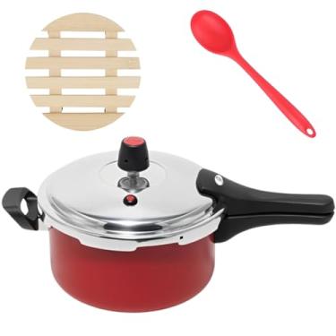 Imagem de Panela de Pressão 3 Litros Antiaderente Fechamento Externo + Descanso Redondo + Colher de Silicone Vermelha