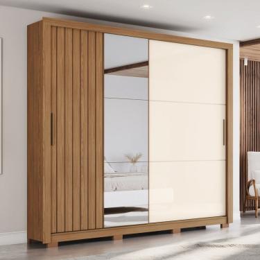 Imagem de Guarda-roupa Casal Vasti 2 Portas Deslizantes com Detalhe Ripado/soft 4 Gavetas com Usinagem e Pés I Marrom/Off White