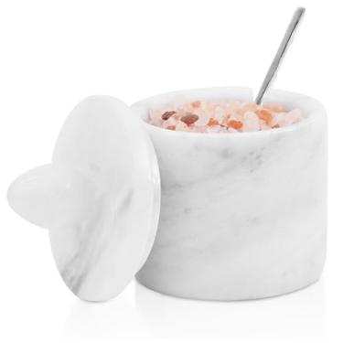 Imagem de Saleiro de mármore com tampa, recipiente de sal branco feito à mão, potes de tempero e temperos para bancada de cozinha, açucareiro