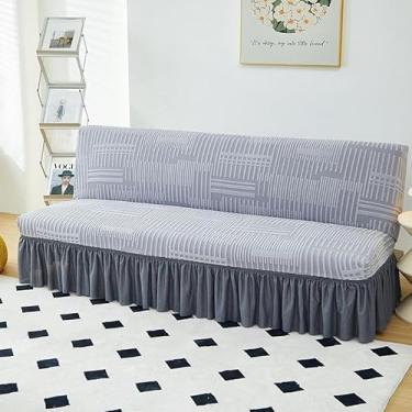 Imagem de Capa de futon sem braços com saia de babados, capa de sofá-cama futon altamente elástica, capa de sofá antiderrapante sem braços, tecido de veludo grosso, macio e aconchegante(Gray,Large (190-210cm))