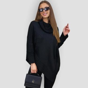 Imagem de Poncho Bico Tricot Gola Alta Punho Feminino Inverno Casaco - GIP, Pret