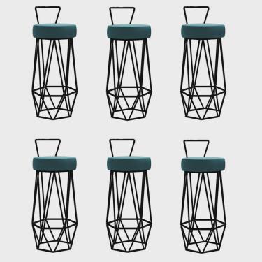Imagem de Kit 06 Banqueta Com Encosto Botti Hexágono Cozinha Bar Ferro Preto Suede Azul Turquesa - Ahz Móveis