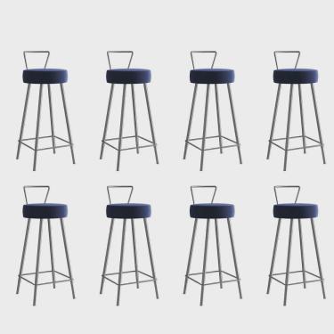 Imagem de Kit 08 Banqueta Alta Com Encosto Tais Eiffel Cozinha Bar Bistrô Ferro Prata Suede Azul Marinho - Ahz Móveis