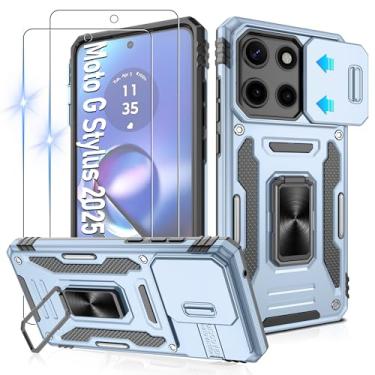 Imagem de Gritup Capa para Moto G Stylus 5G 2025 com capa de câmera deslizante | Pacote com 2 protetores de tela HD | Suporte de metal giratório de 360° | Proteção à prova de choque de grau MIL-(padrão militar