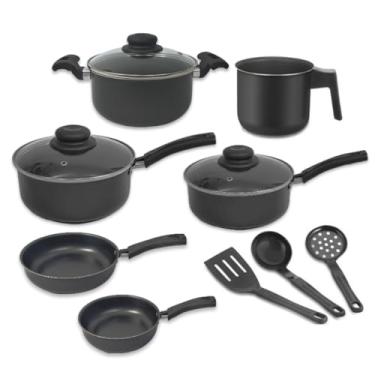 Imagem de Jogo de Panelas Kit 9 Pçs Antiaderente Tampa Vidro Teflon (Preto)