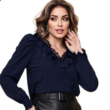 Imagem de Blusa Manga Longa Social Feminina Gola V Rendinha com Babado - G-Store