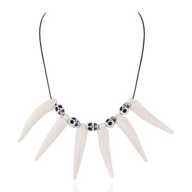 Imagem de kepvrio Colar de ossos de Halloween para mulheres, vintage, com pingente de crânio, osso de Halloween, marfim e dente de mão, gargantilha de Halloween, colar pré-histórico, bijuteria de fantasia de