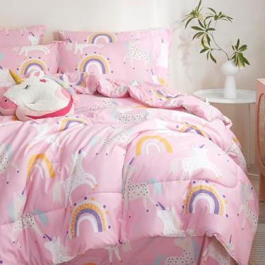 Imagem de HollyHOME Conjunto de edredom infantil de unicórnio rosa para meninas, 5 peças, conjunto de cama em uma bolsa de desenho animado de unicórnio e arco-íris, roupa de cama de microfibra macia, decoração