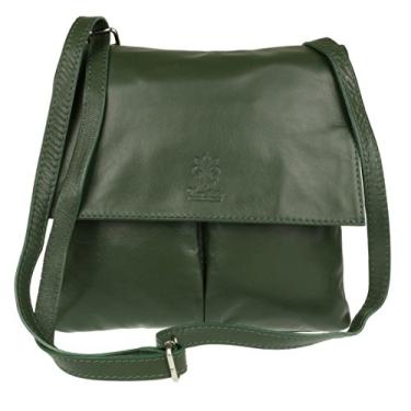Imagem de Girly Handbags Bolsa carteiro de couro italiano com bolso duplo, Verde escuro, W 25, H 25, D 2 cm (W10, H 10, D 1 inches)