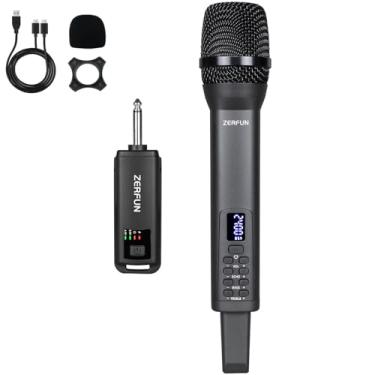 Imagem de ZERFUN Microfone sem fio recarregável, sistema profissional de mão sem fio, dinâmico com controle Echo Treble BASS VOL para karaokê cantando festa na igreja, saída de 1/10.2 cm, D240, cinza