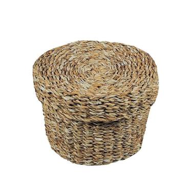 Imagem de Cesto Fibra Natural Redondo com Tampa Seagrass Trançado Carajas 32cm - Jolitex