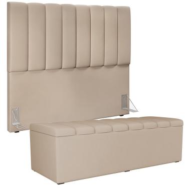Imagem de Kit Cabeceira Cama Box Casal com Calçadeira Recamier Baú Dália W01 140cm Suede Madeira...