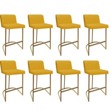 Imagem de Kit 08 Banquetas Com Encosto Confort Bistrô Cozinha Ferro Dourado Corino Amarelo - Amey Decor
