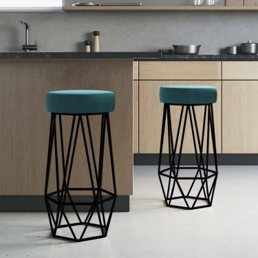Imagem de Kit 02 Banqueta Com Encosto Mhara Hexágono Cozinha Bar Ferro Preto Suede Azul Turquesa - Amey Decor