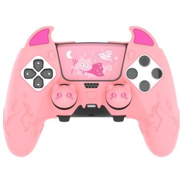 Imagem de PlayVital Capa para controle de PS5 Edge | Capa de silicone rosa demônio com adesivo touchpad e tampas de aperto de polegar | Acessórios de capa protetora fofa