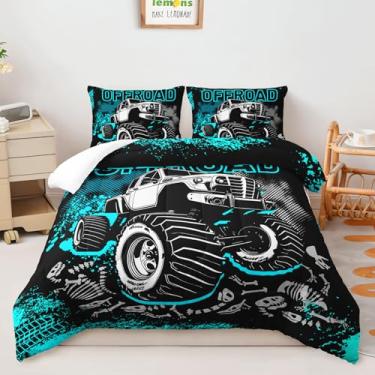 Imagem de AILONEN Jogo de cama infantil, Queen, com tema de caminhão monstro, 3 peças, design de dinossauro, perfeito para quartos de crianças, conjunto de edredom off-road, 1 colcha com 2 fronhas