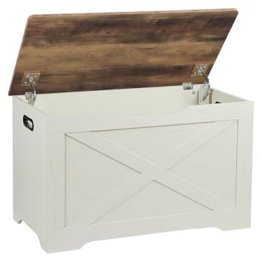 Imagem de Timberer Baú de armazenamento, banco de armazenamento de madeira, banco de sapatos de entrada com 2 dobradiças de segurança, para sala de estar, quarto, 40 x 80 x 40 cm, marrom e branco rústico