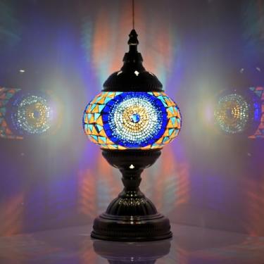 Imagem de GOGERS Luminária De Mesa Turca Marroquina Com Abajur Vidro Mosaico Feito À Mão, Estilo Tiffany, Boêmia, Decorativa, Para Cabeceira, Luz Noturna Quarto (Azul E Colorido)