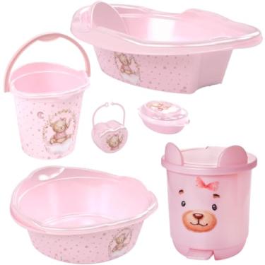Imagem de KIT BANHEIRA DE BEBÊ DECORADA PLASUTIL BACIA LIXEIRA BALDE SABONETEIRA PORTA CHUPETA (Ursa Rosa)