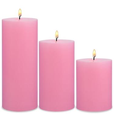 Imagem de Velas de castiçal sem perfume, um conjunto de 3 velas rosa fundidas à mão, velas sem perfume de cor sólida para decoração de casa, com um tempo de queima de 80 horas, 7 x 10 cm x 15 cm x 20 cm