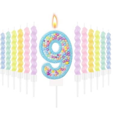 Imagem de MTLEE Vela de aniversário número 9 com 12 peças de velas espirais macaron pastel arco-íris unicórnio rosa topo de bolo para meninas tema doce decoração de festa