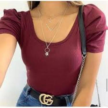 Imagem de Body feminino manga princesa bufante malha canelada com bojo manga cur