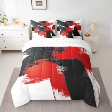 Imagem de Feelyou Conjunto de edredom de arte abstrata com lençol moderno, vermelho e preto, abstrato, 7 peças, tamanho king, para crianças, meninos, meninas, geométrico, em uma bolsa