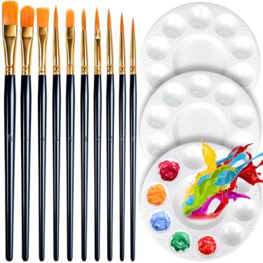 Imagem de Conjunto de paletas e pincéis de pintura de bandeja de pintura redonda, FANDAMEI 3 peças de paletes de tinta de plástico, 10 pincéis de tinta acrílica, pincéis de pintura de cabelo de nylon, para aquarela de óleo acrílico, DIY, arte corporal