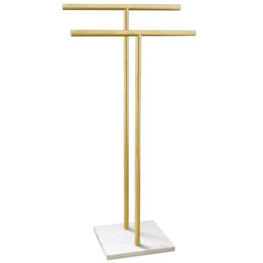 Imagem de Toalheiro de pé de 101 cm para piso de banheiro em forma de T duplo suporte de toalha de banho com base de mármore toalheiro em pé próximo à banheira ou suporte de toalha de chuveiro SUS304 ouro