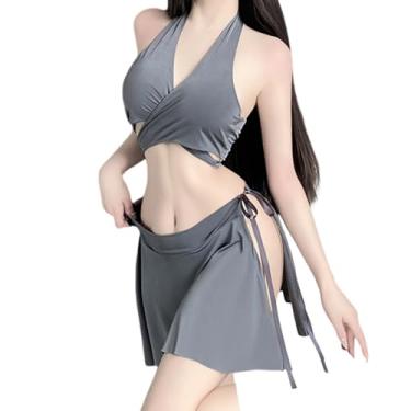 Imagem de QNCLO Vestido feminino cosplay secretaria boate sexy fenda irregular anime slim justo, Cinza, One Size