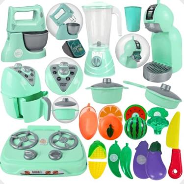 Imagem de Kit Cozinha Infantil de Brinquedo 20 Peças Panelas Cooktop Eletros Comidinhas AirFryer Verde Vintage