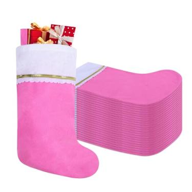 Imagem de Tokforty Pacote com 24 meias de Natal de feltro, enfeites de Natal rosa e branco de 48 cm, punho branco com acabamento dourado para decorações de Natal em família