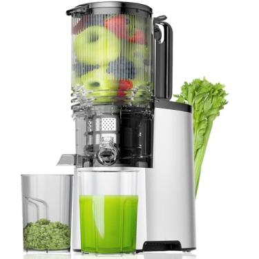 Imagem de Espremedor a frio, extrator de suco de calha de alimentação de 14,7 cm de largura com 400 W, alto rendimento de suco, espremedor de mastigação lenta para vegetais e frutas inteiras, prata metálica