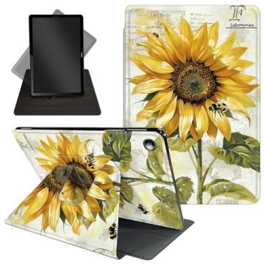 Imagem de Capa para tablet Amazon Kindle Fire HD 10 e Fire HD 10 Plus (11ª geração, versão 2021) 10,1 polegadas com suporte giratório de 360 graus, função de despertar/dormir, lindo girassol e abelhas
