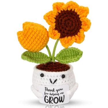 Imagem de Erbacan Frascos decorativos de crochê de girassol positivo feito à mão com cartão, obrigado por me ajudar a crescer, presente de agradecimento ao professor de estudante, Natal, aniversário, formatura