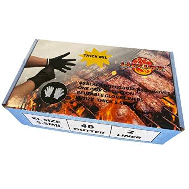 Imagem de LavaLock Luvas Descartáveis De Nitrila Pretas Para Churrasco, Resistentes E Grossas, 5,5 Mil, Com 2 Forros Algodão, Cozinhar Ao Ar Livre, Grelhar, Defumar Competições Uso Como Chef Ou Na Cozinha (40