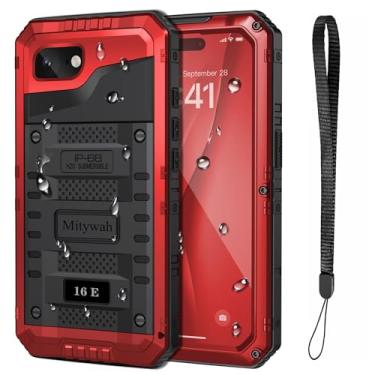 Imagem de Mitywah Capa à prova d'água para iPhone 16 E, capa resistente à prova de choque com protetor de tela integrado, capa protetora de metal subaquática de corpo inteiro de 6,1 polegadas, vermelha