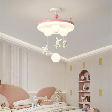 Imagem de OUFULA Nordic Moderno Quarto Infantil Lâmpada Pendente LED Personalizado Criativo Carrossel Quarto da Menina Jardim de Infância Decoração Luz (B D50H74CM Rosa)